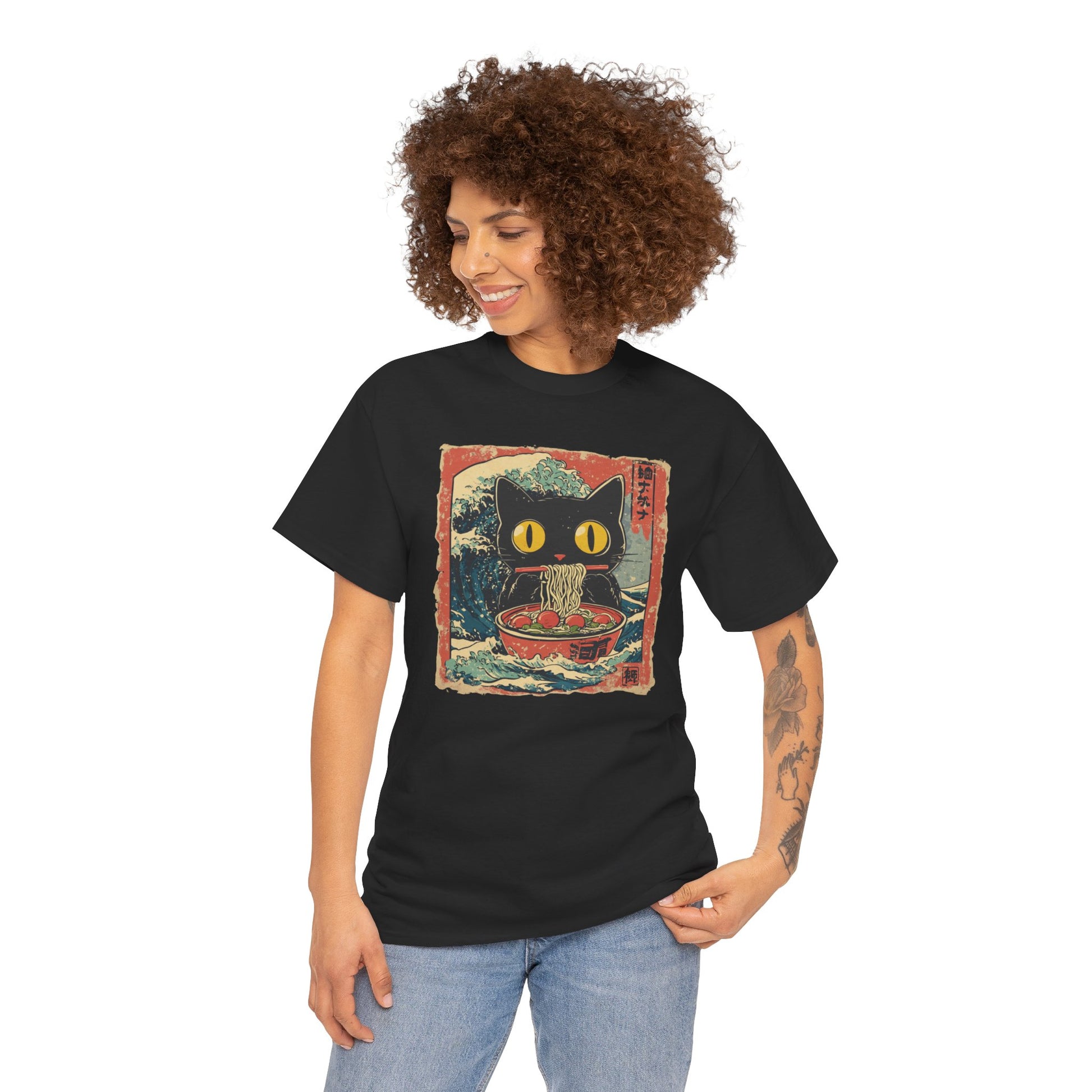 Vintage Black Cat Japanese Noodles Tsunami T-shirt Myfiercespirit Woman Model 1 Black