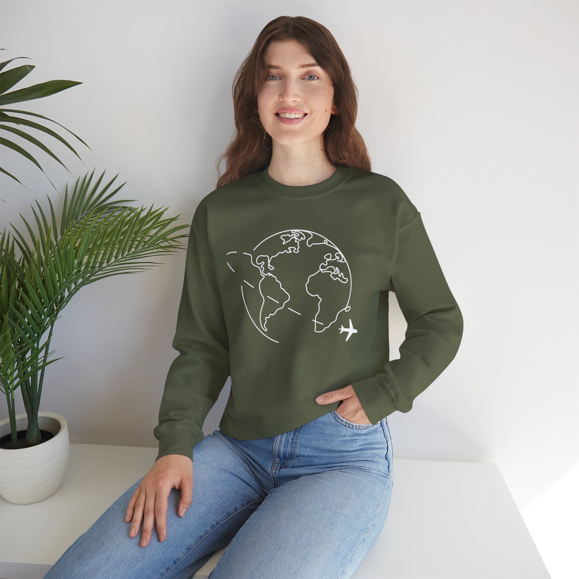 World Travel Sweatshirt Myfiercespirit Woman Model Military Green